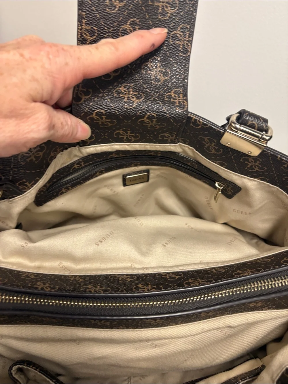 GUESS Brown Satchel with Pink Floral Embroidery
